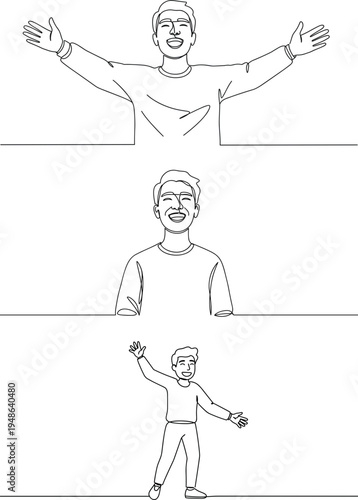 Stroke outline illustration of a happy young man with arms outstretched, celebrating joyfully on a transparent background