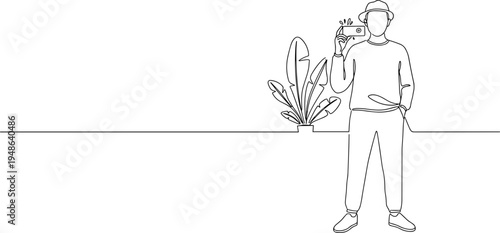 Stroke outline illustration of a person taking a selfie with a smartphone in a cozy indoor setting with a plant in a pot on a transparent background