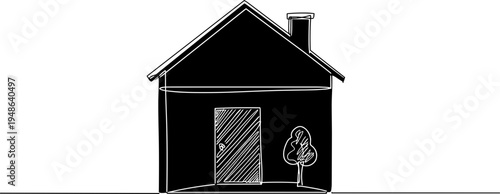 Stroke outline illustration of a cat sitting peacefully on a sofa at home on a transparent background