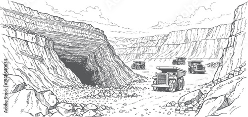 Rare Earth Mineral Open Pit Mine Vector Line Art, Layered Excavation Mining Quarry with Heavy Mining Trucks, Industrial Mineral Extraction Site, Surface Mining Operation, Natural Resource Mining Lands
