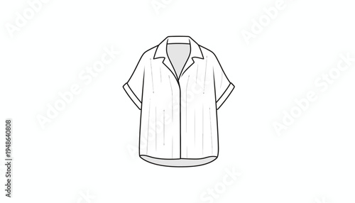 Fashion Sketch: Casual Short-Sleeve Camp Collar Shirt, White Line Art Illustration