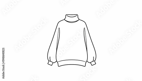 Fashion Sketch: Cozy Turtleneck Sweater with Puffy Sleeves, Black and White Line Art