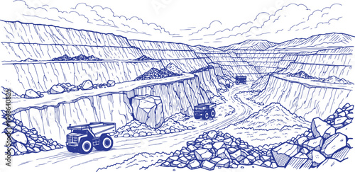 Rare Earth Mineral Open Pit Mine Vector Line Art, Layered Excavation Mining Quarry with Heavy Mining Trucks, Industrial Mineral Extraction Site, Surface Mining Operation, Natural Resource Mining Lands