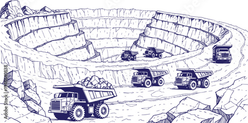 Rare Earth Mineral Open Pit Mine Vector Line Art, Layered Excavation Mining Quarry with Heavy Mining Trucks, Industrial Mineral Extraction Site, Surface Mining Operation, Natural Resource Mining Lands