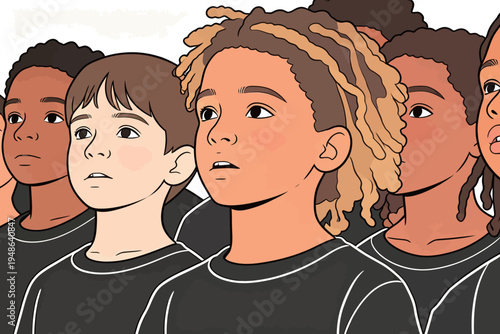 Children looking ahead during an event at a school in the afternoon with bright expressions