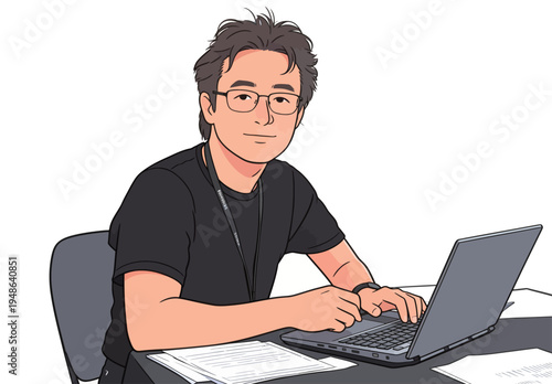 Person sits at a table using a laptop in a workspace during a daytime event