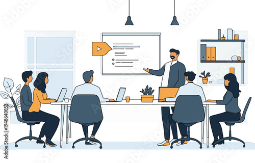 Team discusses project updates during meeting in modern office space