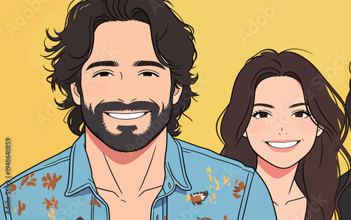 Couple smiling in front of a bright yellow background during a casual moment together