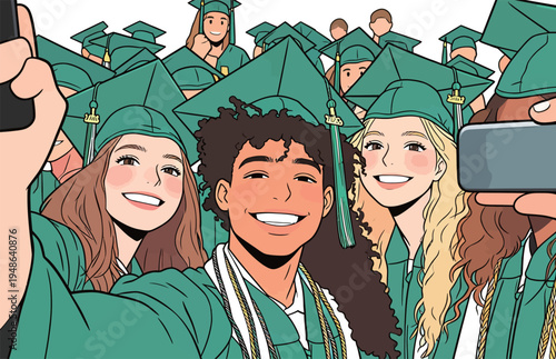 Graduates take selfies during the ceremony at the outdoor venue in spring with classmates and friends celebrating