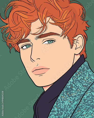 Young man with curly red hair and blue eyes looking at the viewer in a simple background