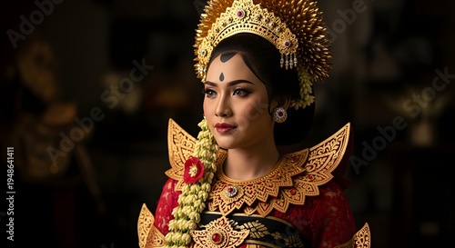 Elegant Balinese Dancer in Traditional Costume with Ornate Headdress and Jewelry.