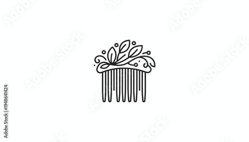 Elegant floral hair comb logo, delicate leaves and berries, vintage accessory icon, beauty salon branding