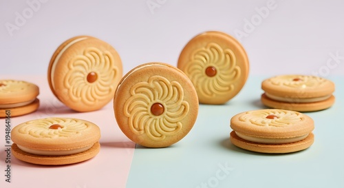Delicious Butter Cookies with Jam Filling, Sweet Dessert Treats, Close-up Shot.