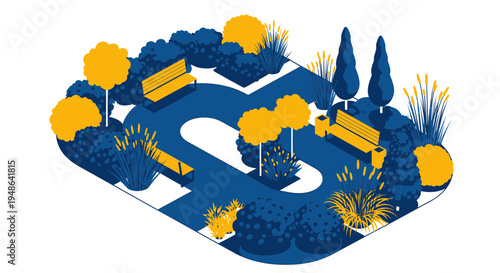Isometric Park Design with Benches, Trees, and Bushes in Blue and Yellow
