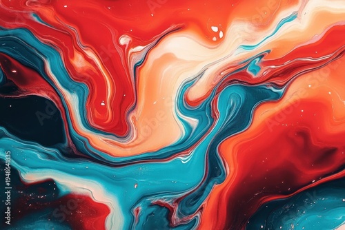 vibrant swirling abstract liquid paint in red teal cream and dark blue conveying energetic flowing motion