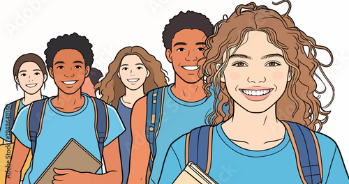 Students walk together in a school hallway carrying books and backpacks during a sunny day