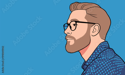 Man with glasses looking to the side in a colorful graphic style on a blue background