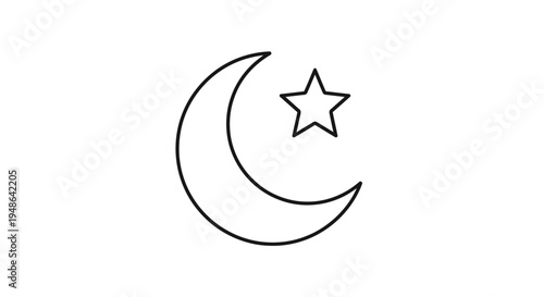 Crescent Moon and Star Icon - Simple Line Art Symbol for Islam, Astronomy, Night Sky