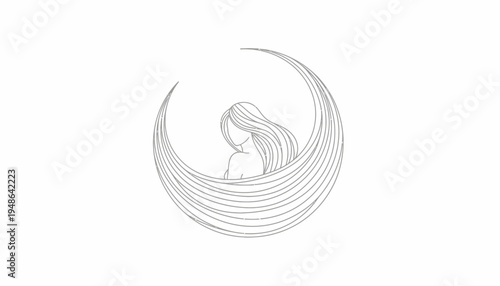 Crescent Moon Embrace: Woman's Silhouette with Flowing Hair, Mystical Night Sky Art