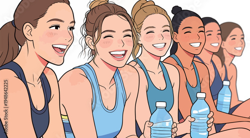 Group of women sitting together and smiling while holding water bottles at a sports event
