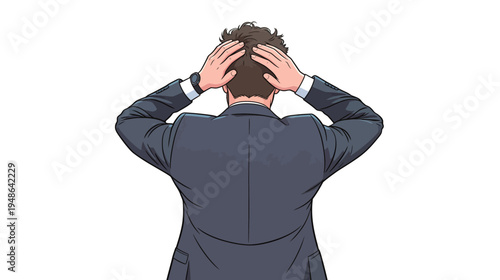 Man in suit holds head, showing stress or frustration in an office setting during work hours