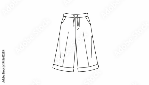 Culottes Fashion Flat Sketch, Wide Leg Cropped Pants, Vector Fashion Illustration