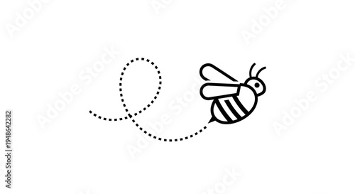 Cute bee flying with dotted line trail, simple minimalist icon, vector illustration