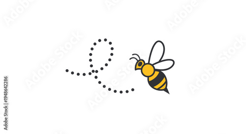 Cute Bee Flying with Dotted Line Trail on White Background