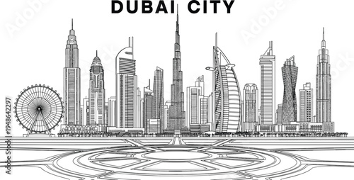 Black and white vector illustration of Dubai city skyline featuring Burj Khalifa Burj Al Arab and ferris wheel,