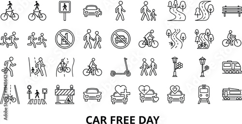 Car free day line icon set featuring sustainable transportation cycling walking public transit and environmental urban mobility concepts, 17 words.