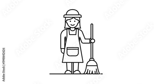 Cleaning Woman with Broom, Housekeeper Icon, Professional Service, Domestic Chores