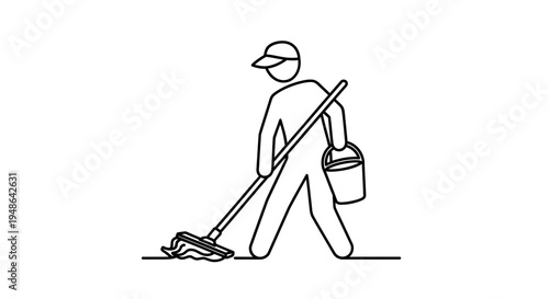 Cleaning worker with mop and bucket, simple line art icon, isolated on white background.