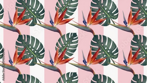 Tropical Botanical Seamless Pattern with Bird of Paradise