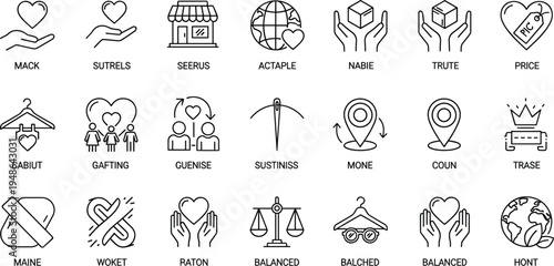 Ethical Business and Sustainable Shopping Vector Icon Set Featuring Fair Trade Charity Environmental Care and Corporate Responsibility Symbols,