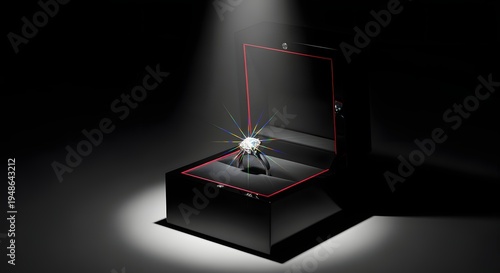 Elegant Diamond Ring Displayed in a Luxurious Black Box Under Dramatic Spotlight.