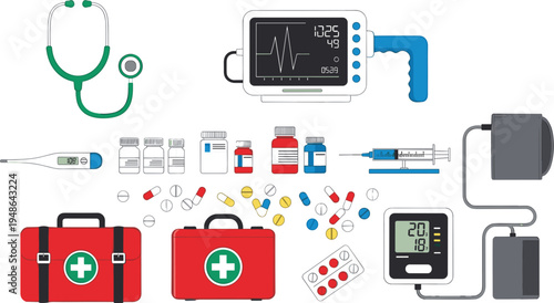 Flat medical vector illustration set featuring heart rate monitor blood pressure cuff first aid kits and medications,