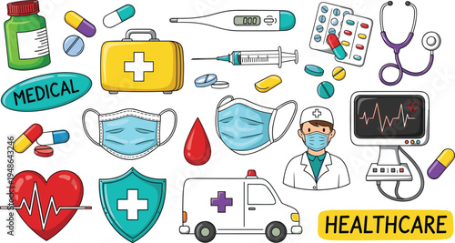 Healthcare and medical equipment illustration set featuring ambulance doctor mask stethoscope pills heart rate and first aid kit.