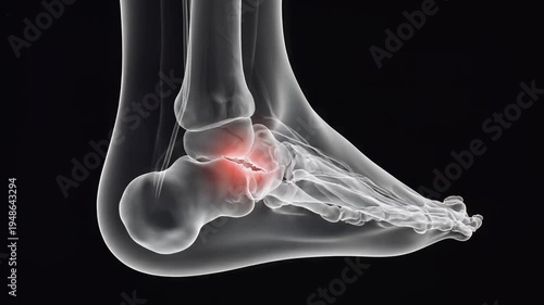 Vibrant X-ray view of a human ankle with a pulsating red highlight indicating a bone fracture, medical animation, representing injury, pain