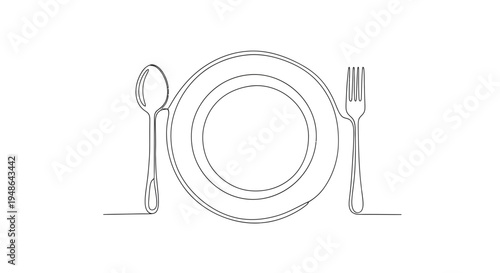 Minimalist line art of a plate with spoon and fork, representing dining, food, and simplicity.