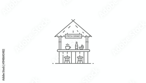 Minimalist Line Art of a Tropical Drink Stand with Fresh Drinks Sign