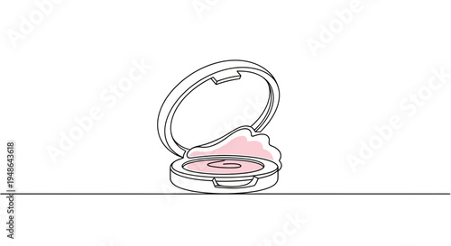 Minimalist Line Art of Open Blush Compact with Pink Powder and Puff