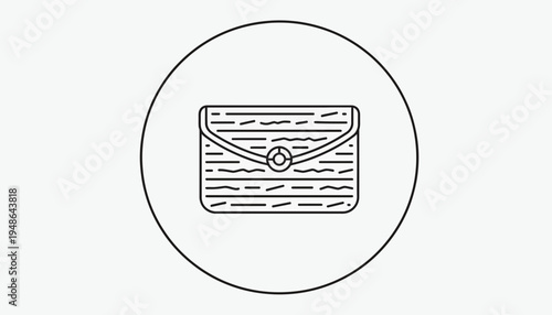 Minimalist line art icon of a woven envelope clutch bag with a button clasp, isolated on white.