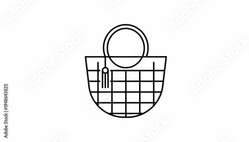 Minimalist line art icon of a woven shopping bag with handle and tassel, isolated on white background.