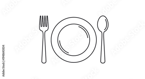 Minimalist Line Art Icon: Plate, Fork, and Spoon - Simple Dining Utensils Graphic