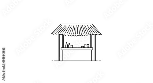 Minimalist Line Art Illustration of a Tropical Beach Hut Bar with Drinks