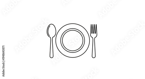 Minimalist Line Art Icon: Plate, Spoon, and Fork - Simple Dining Utensils Set