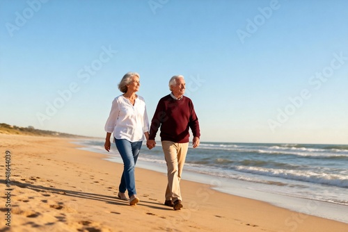 Elderly Couple Walking Together on Beach at Sunset