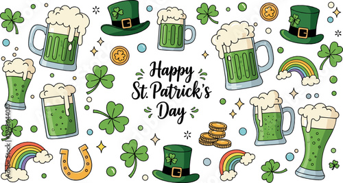 Happy St Patrick Day Vector Collection with Beer Mug Clover Leprechaun Hat Rainbow Gold Coins Irish Holiday Illustration Set