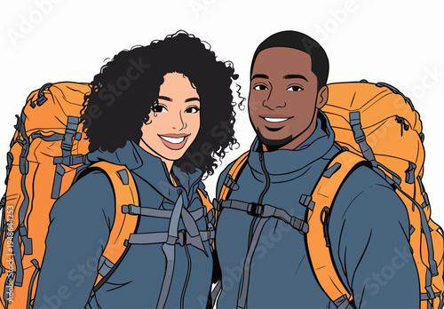 Outdoor adventure with two hikers carrying orange backpacks in a bright setting