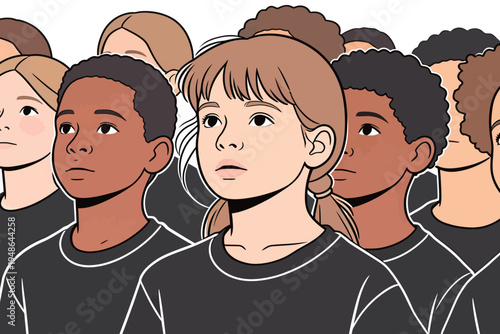 Group of children looking forward during a school event in a classroom setting
